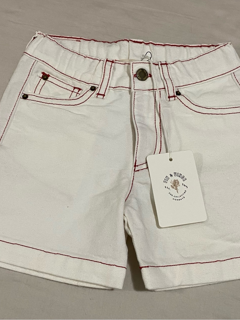 White Denim Baby Jean Shorts with Red Contrast Stitching NWT